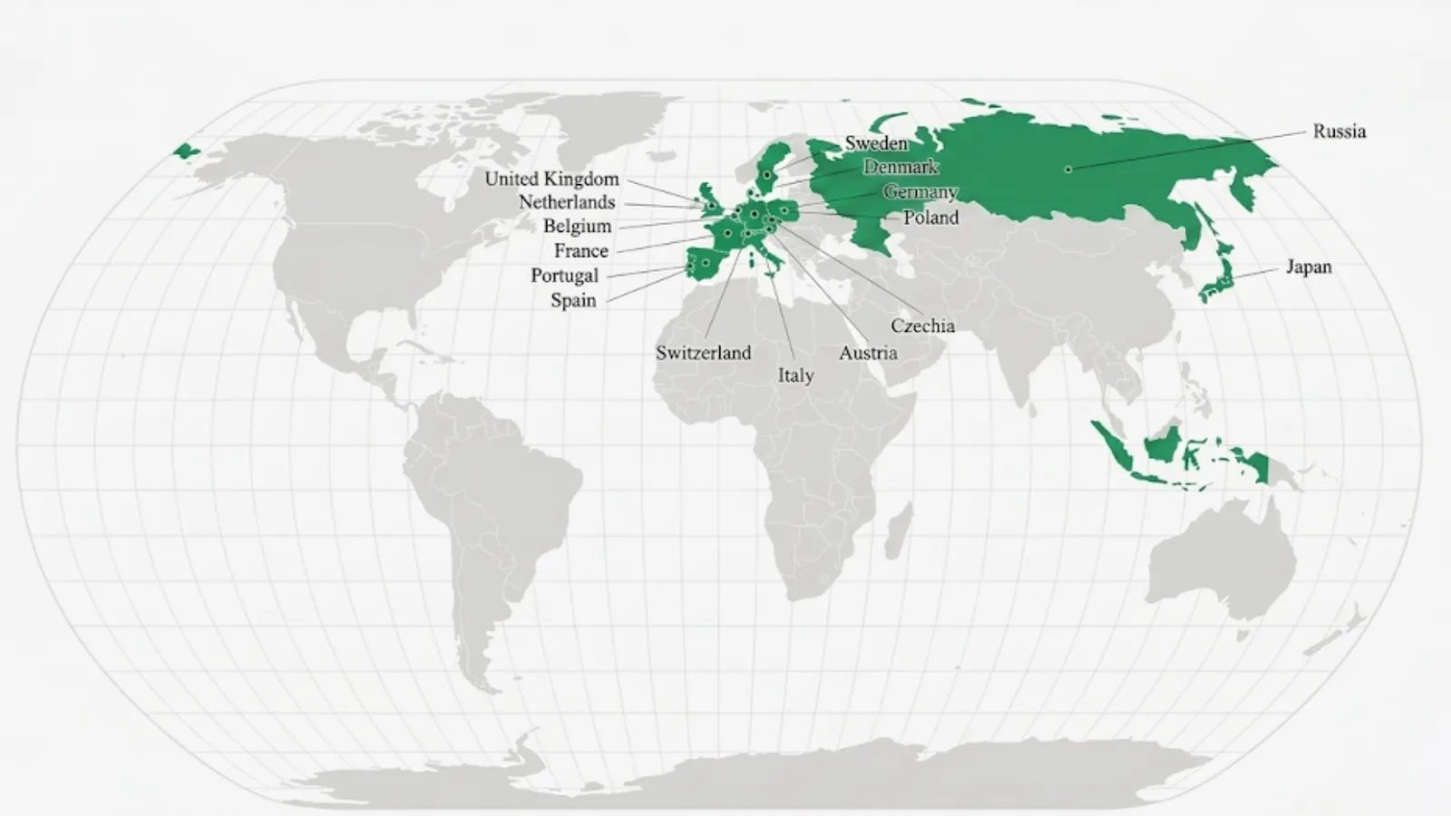 Map of Lam Ha export markets across Europe and Asia